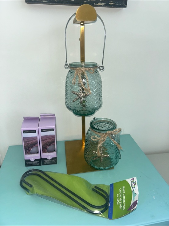 Other - Aqua Glass Starfish Lantern Set with Lavender Candles & Metal Garden Hooks New